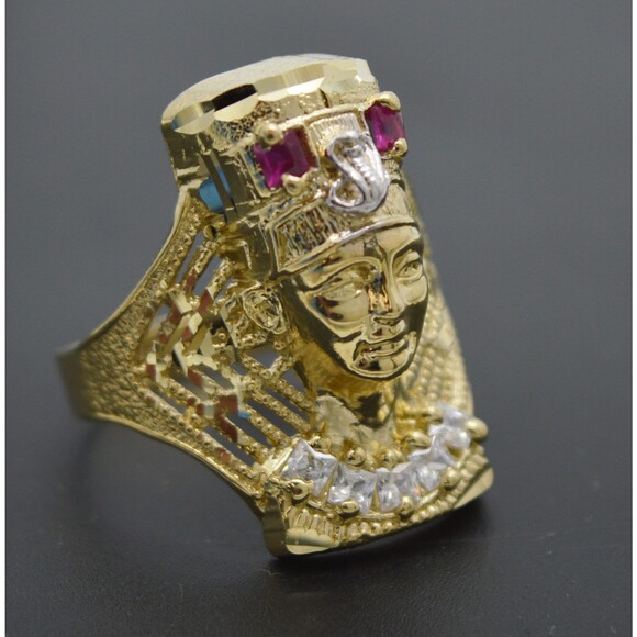 Real Solid 10k Yellow Gold CZ 4.6gr Pharaoh Egyptian Queen Ring All Sizes 26.2mm